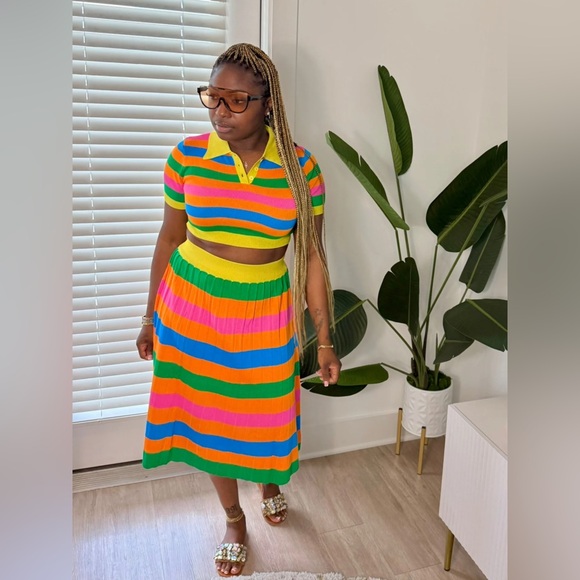 Women’s Colorful Rainbow Striped Cropped Shirt & Pleated Maxi Skirt Set Sz Large - Picture 7 of 12
